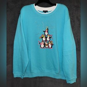 NWT Bua//Bua Penguin Christmas Tree Embroidered Blue Sweatshirt Size XXL